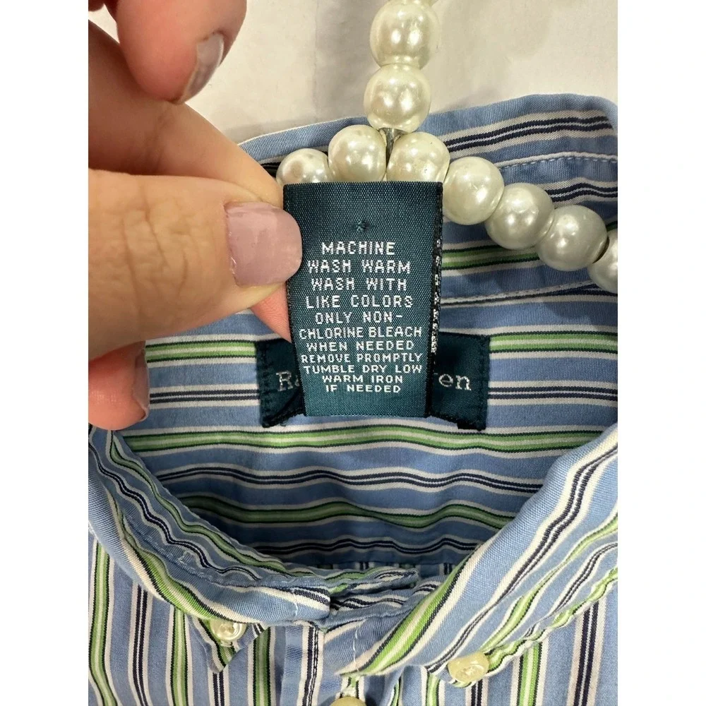 Ralph‎ Lauren Boys 5 Blue Green Striped Button Down Dress Shirt Logo Cotton